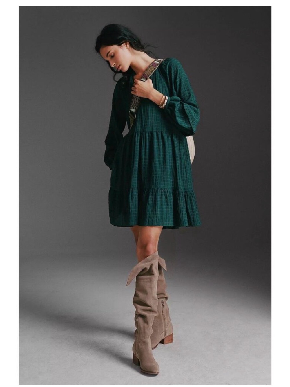 Mare Mare x Anthropologie Sz M Anne Tiered Tunic Dress Forest Green Boho Cowgirl